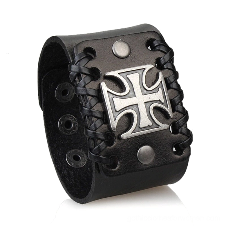 Black leather cuff bracelet oblique side view - displaying snap holes and stitched leather edges with Celtic cross