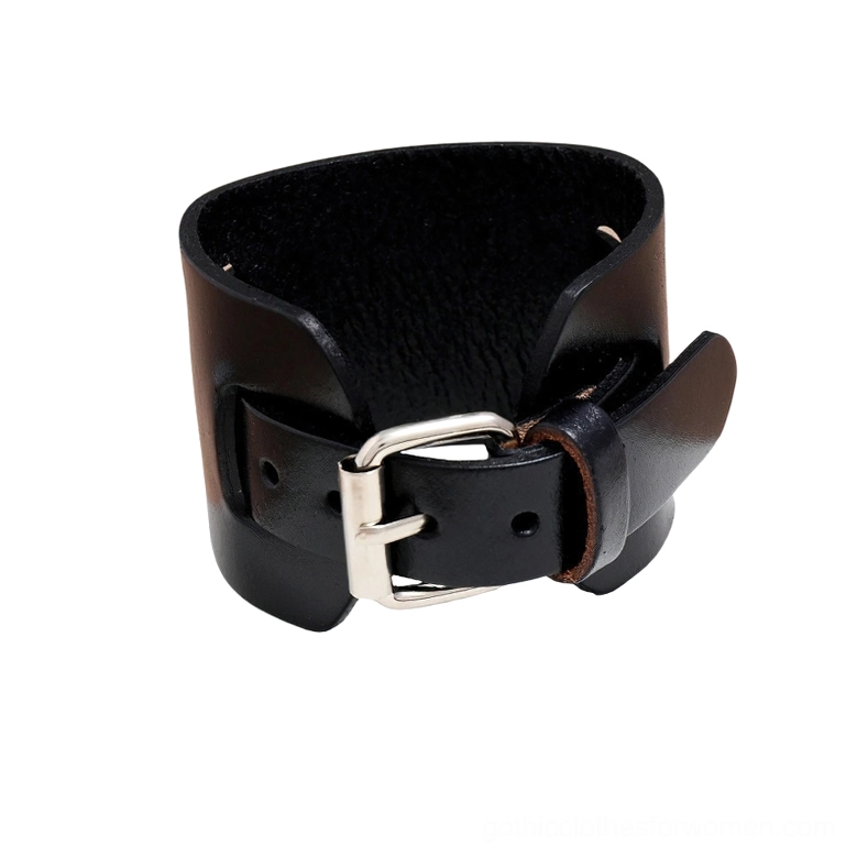 Black leather cuff bracelet front side view with adjustable silver metal buckle and secure strap design