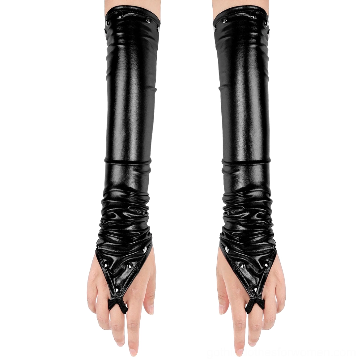 Black elbow-length PU leather fingerless gloves with metal rivets and ruched cuff, front view