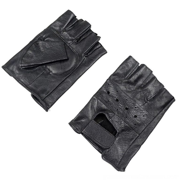 Black genuine leather half-finger glove back view, flat lay showing velcro wrist patch and ventilation hole details for airflow