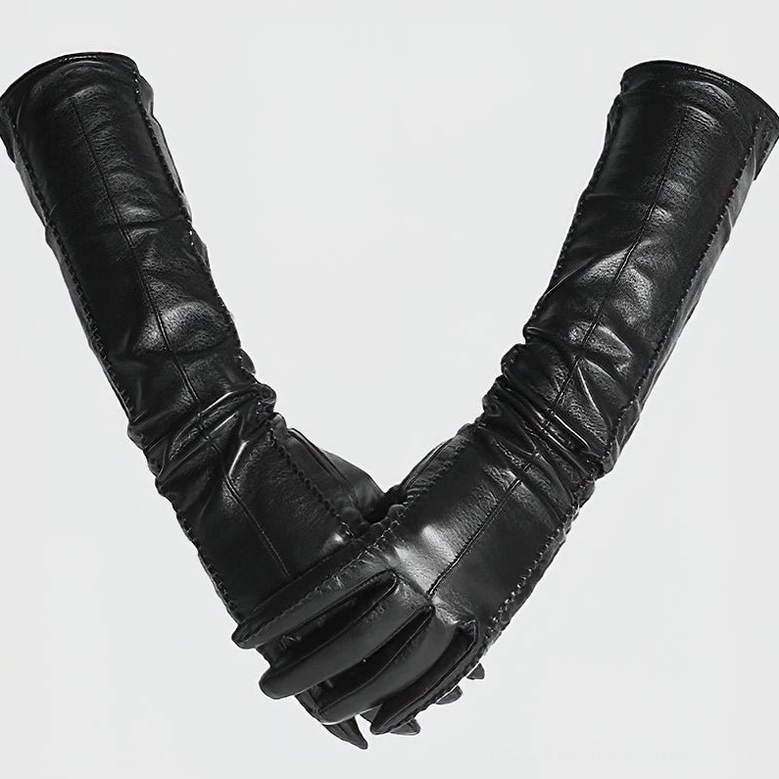 Black leather elbow gloves with detailed stitching and decorative seams, showcasing gothic craftsmanship
