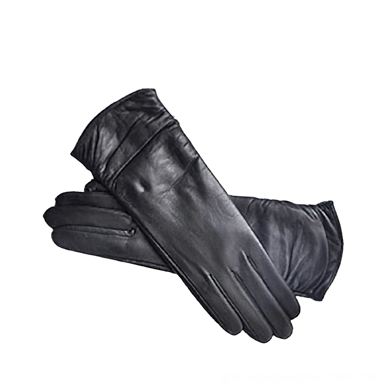Black paired genuine leather gloves flat lay overhead view, smooth texture goatskin