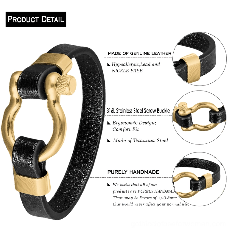 Black leather bracelet with gold 316L stainless steel toggle clasp, hypoallergenic handmade gothic design, front flat view