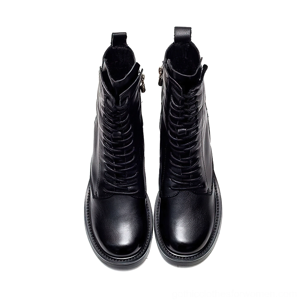 Black genuine leather gothic ankle boots with lace-up design and smooth leather finish, direct front view