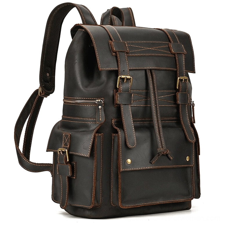Black genuine leather gothic laptop backpack front three-quarter view vintage design