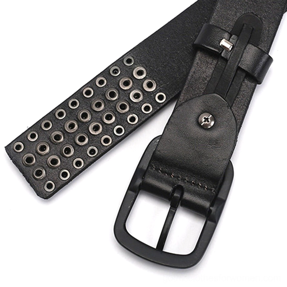 Black leather Gothic studded belt front facing display showing full stud and buckle design