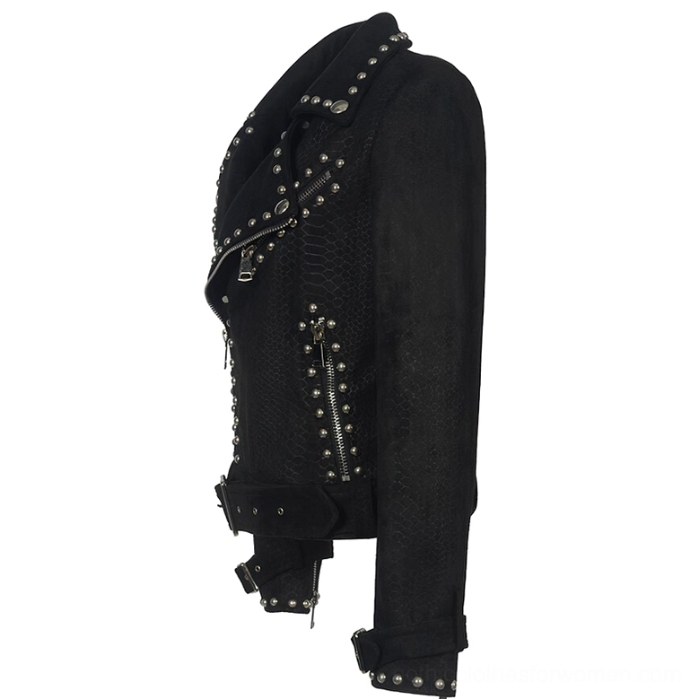 Black faux leather gothic moto jacket with adjustable waist buckle, flat product photography featuring hardware accents