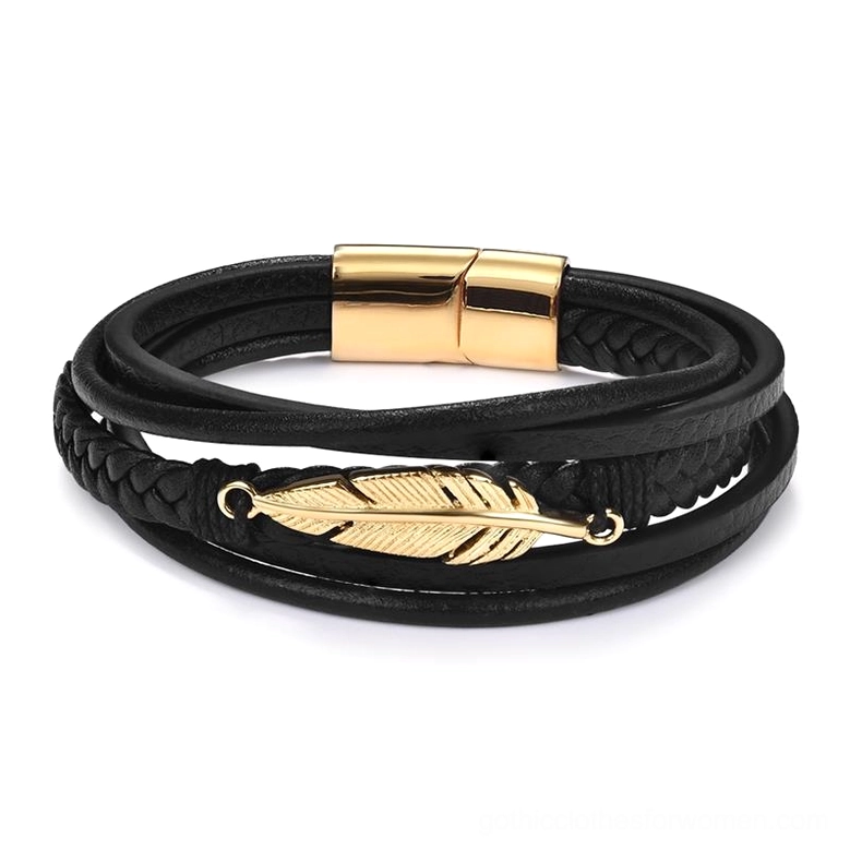 Black leather gothic bracelet with gold-toned stainless steel feather pendant, front studio product photography