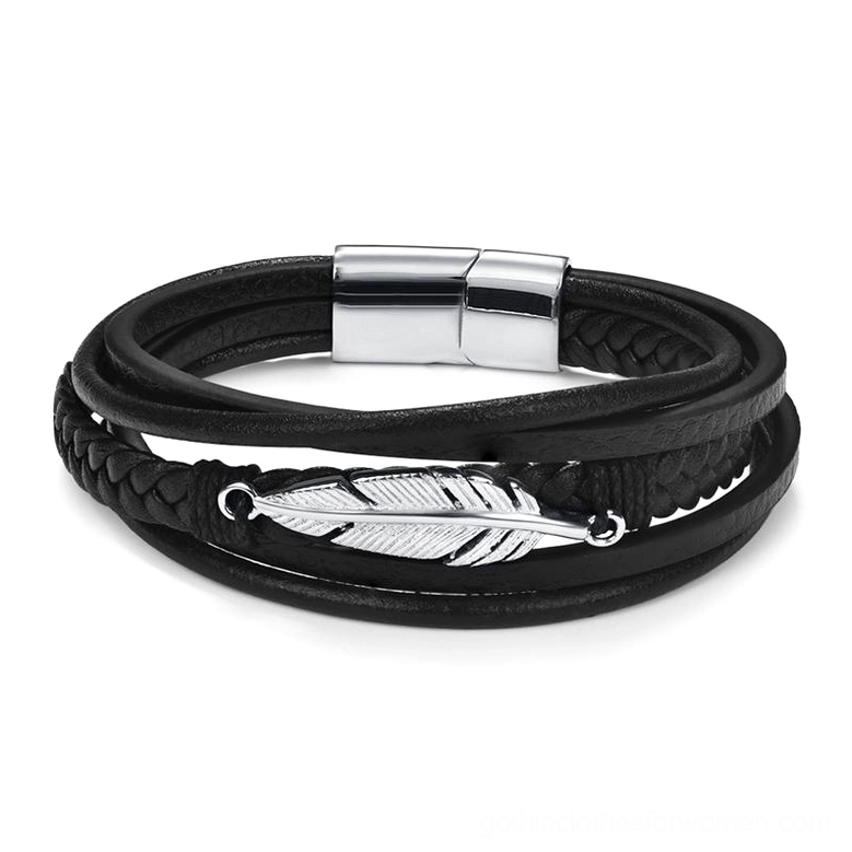 Black leather gothic bracelet featuring silver stainless steel feather charm, flat lay product shot