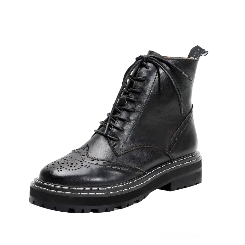 Black genuine leather gothic ankle boots with brogue cutout details and lace-up closure, side view showing ornate perforations and platform sole