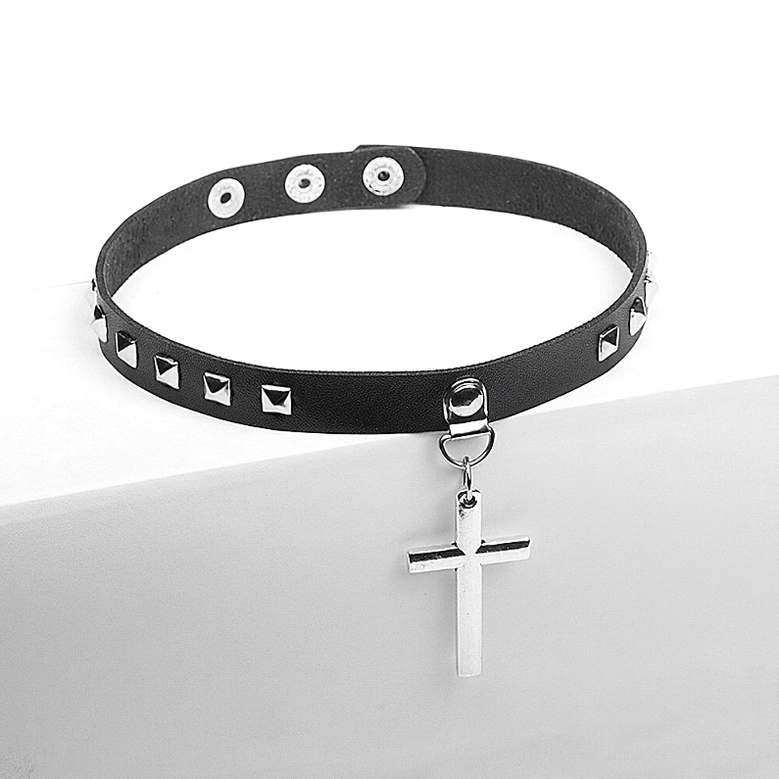 Angled studio shot of black PU leather gothic choker with silver square rivets and cross pendant