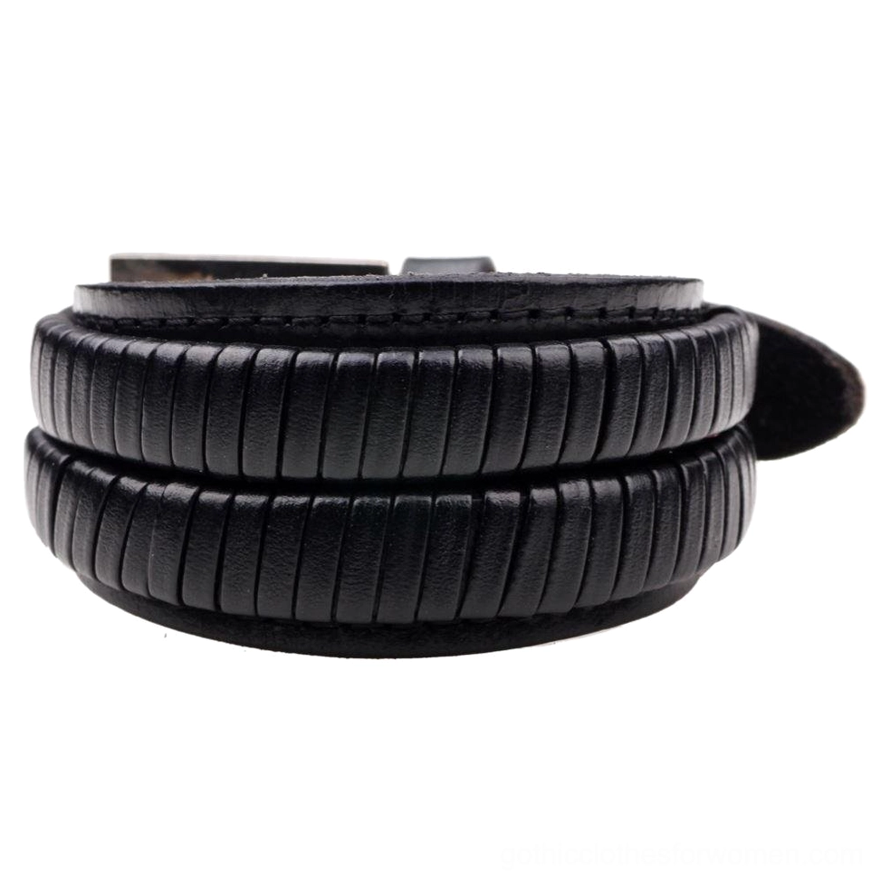 Black wide genuine leather gothic cuff bracelet flat lay top view with double-layered ribbed design and metal buckle closure