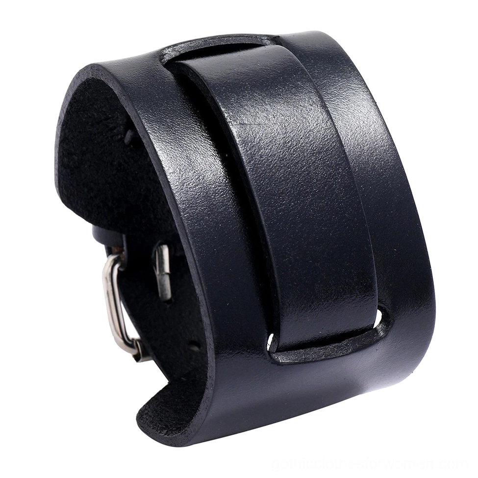 Black genuine leather wide cuff bracelet with adjustable metal buckle, overhead view showcasing polished leather finish and geometric design