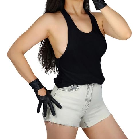 Female model in casual outfit wearing black leather gothic gloves on both hands, three-quarter view showcasing right hand palm cutout and button details
