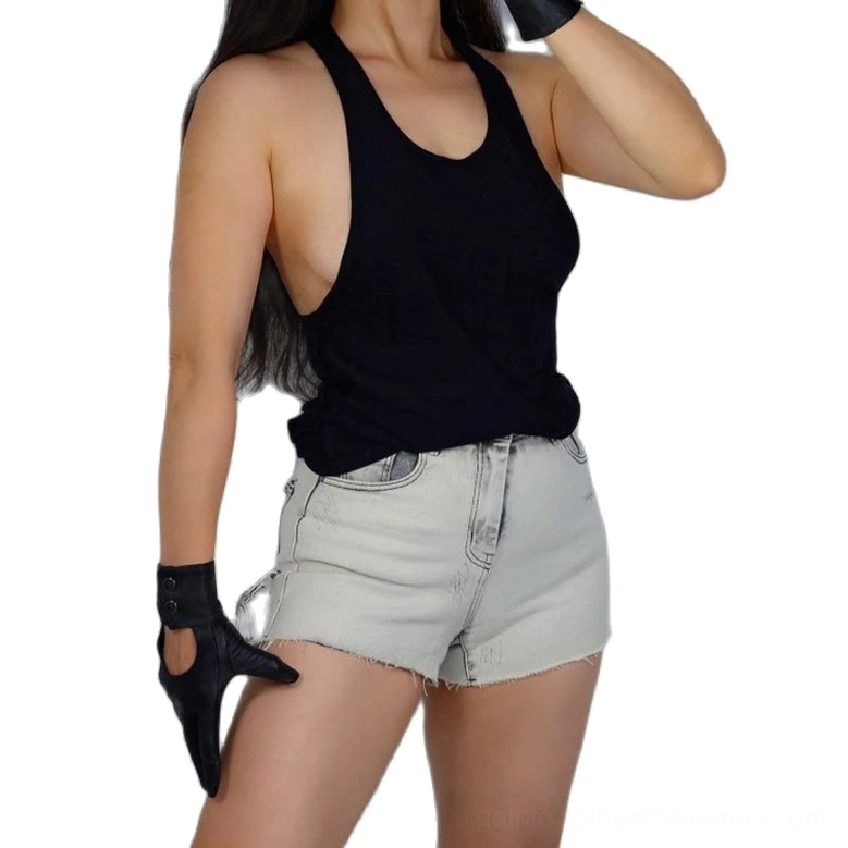 Alternative fashion model wearing black leather gloves without palm cutout, demonstrating standard gothic glove styling