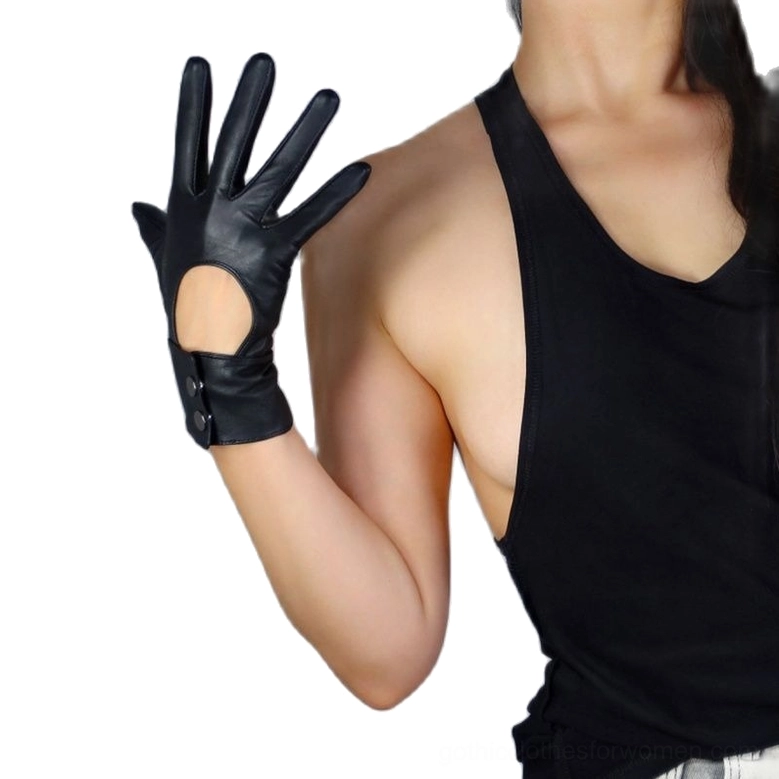 Female model wearing black leather gothic gloves with palm touchscreen cutout on right hand, styled with halter top