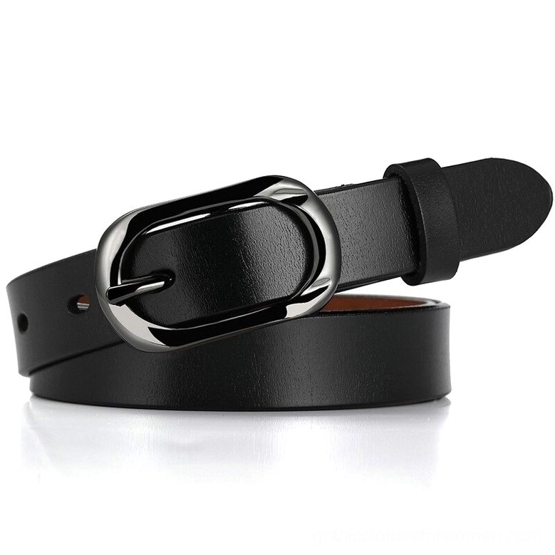 Black genuine leather gothic pin buckle belt with silver metal hardware, flat lay view