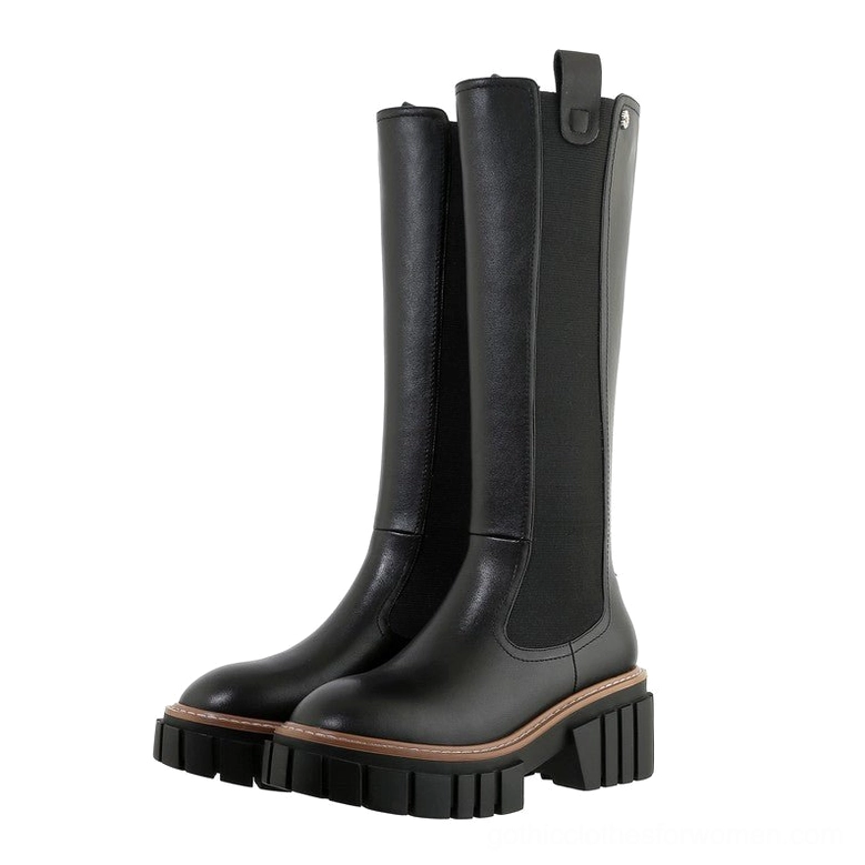 Black genuine leather gothic platform knee-high boots with square heel and chunky lug sole, front three-quarter view