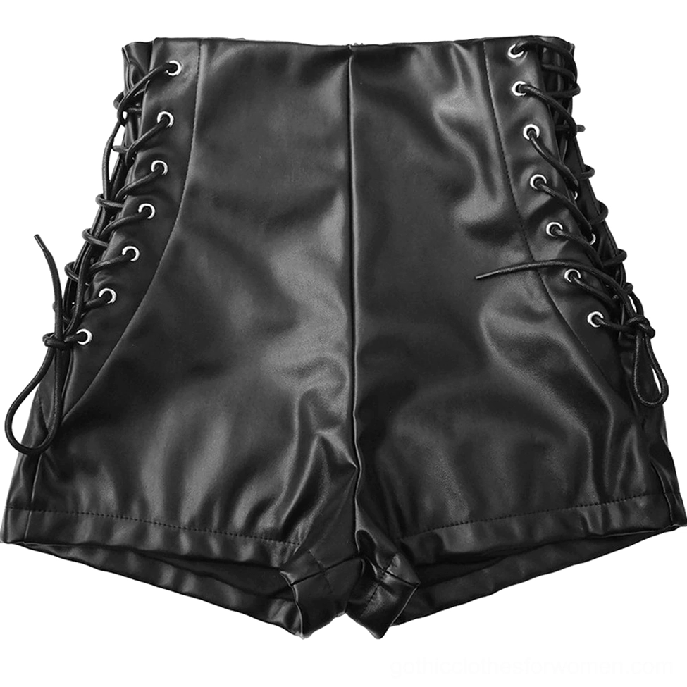 Flat lay display of high-waisted black faux leather shorts with double side lace-up and smooth finish