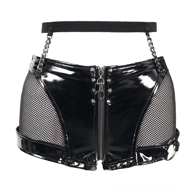 Gothic bondage shorts with spike-trimmed zipper, mesh side panels, and leg O-ring buckles