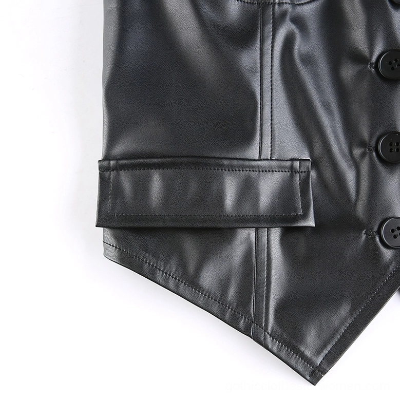 Black PU leather cropped waistcoat primary product image, front center view showcase