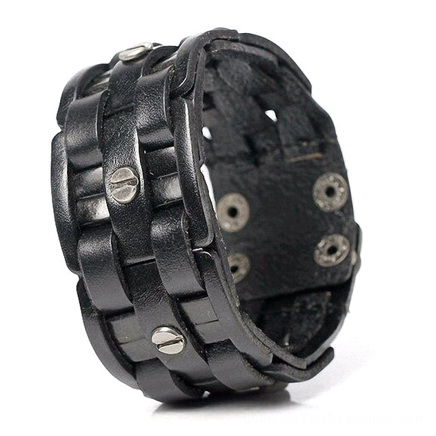 Black leather hand-woven gothic wrap bracelet with metal hardware, displayed from left side showing layered geometric weave design and screw fasteners