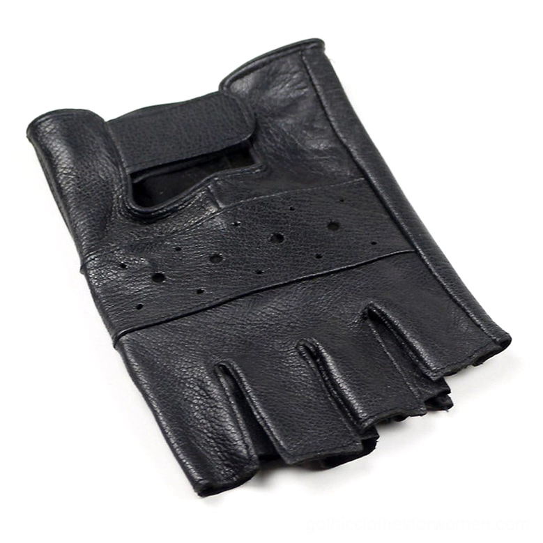 Black matte leather half-finger glove front flat lay, showcasing perforated ventilation design and fingerless cut for gothic and punk styling