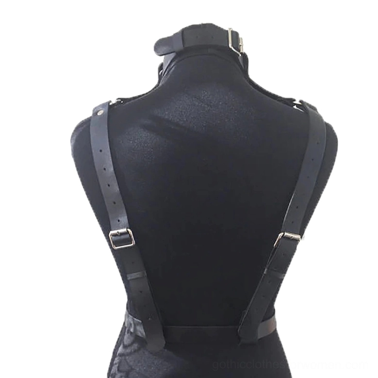 Black leather harness back view - adjustable shoulder straps and waist belt with buckle closure shown from rear on mannequin