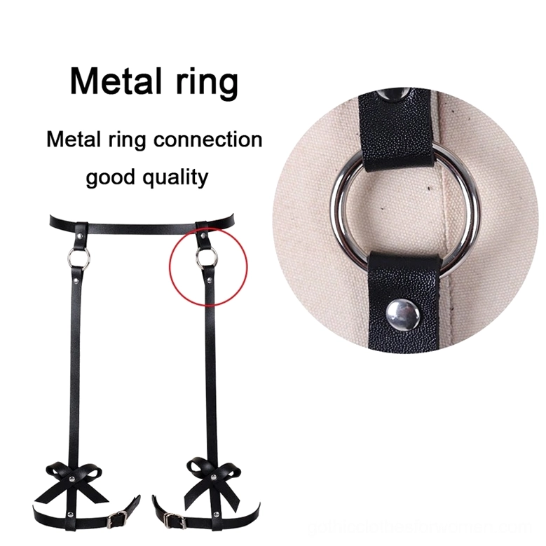 PU leather thigh harness flat lay close-up showing black color, bow knots, metal hardware, and adjustable strap construction for alternative fashion