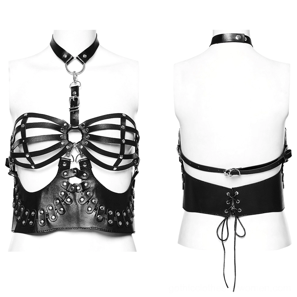 Black faux leather body harness bustier front view on dress form, metal O-ring hardware and studded waist panel detail