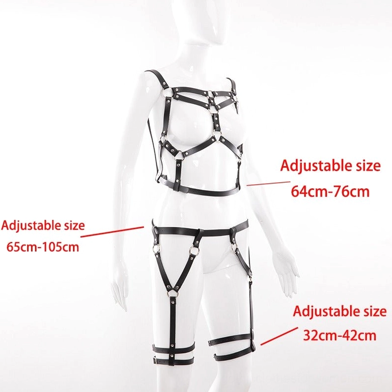 Black leather body harness full body view showing complete strap configuration and proportional fit