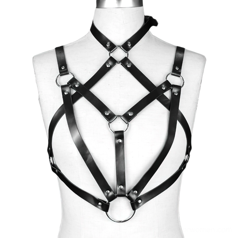 Black PU leather crisscross chest harness displayed on mannequin front view geometric design