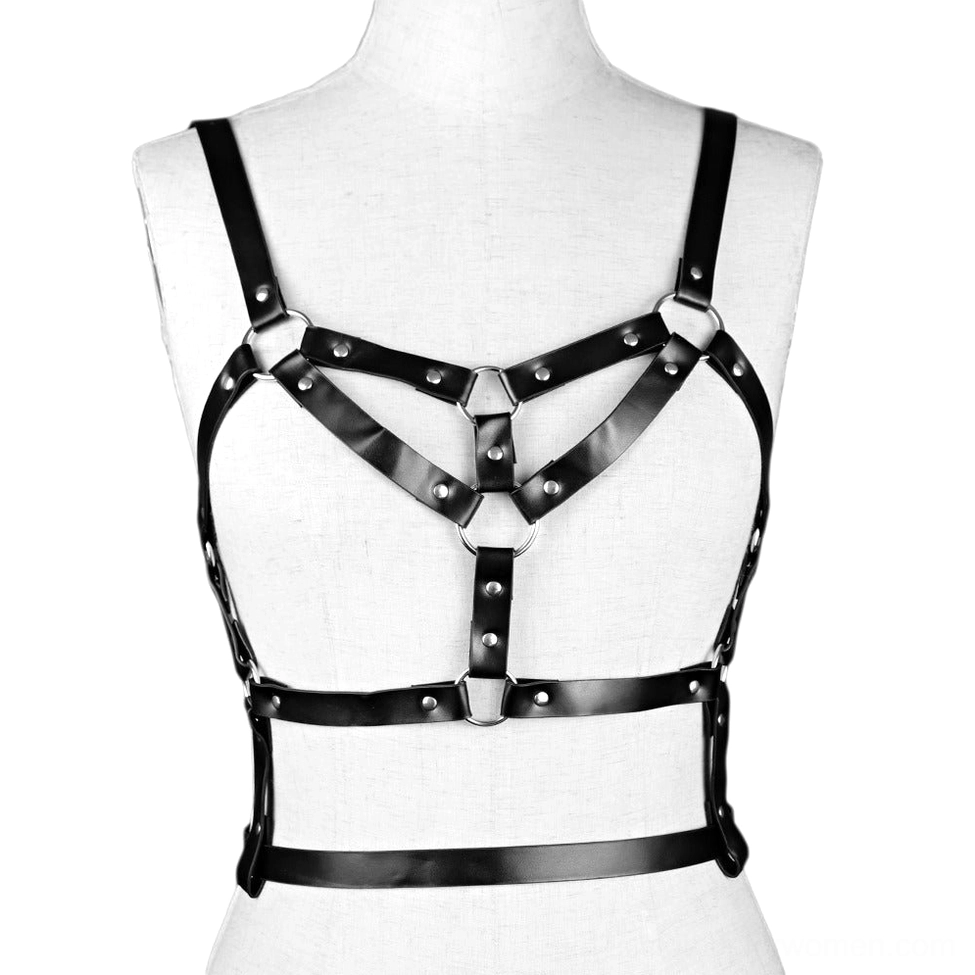 Black PU leather body harness displayed on mannequin front full view showing horizontal waist strap design and buckles