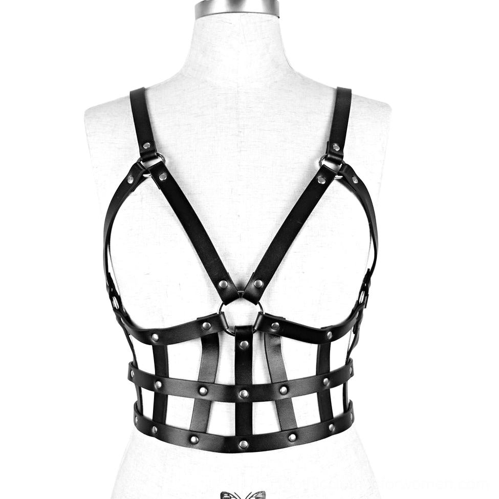 Black PU leather body harness displayed on torso mannequin front view showing grid cage design