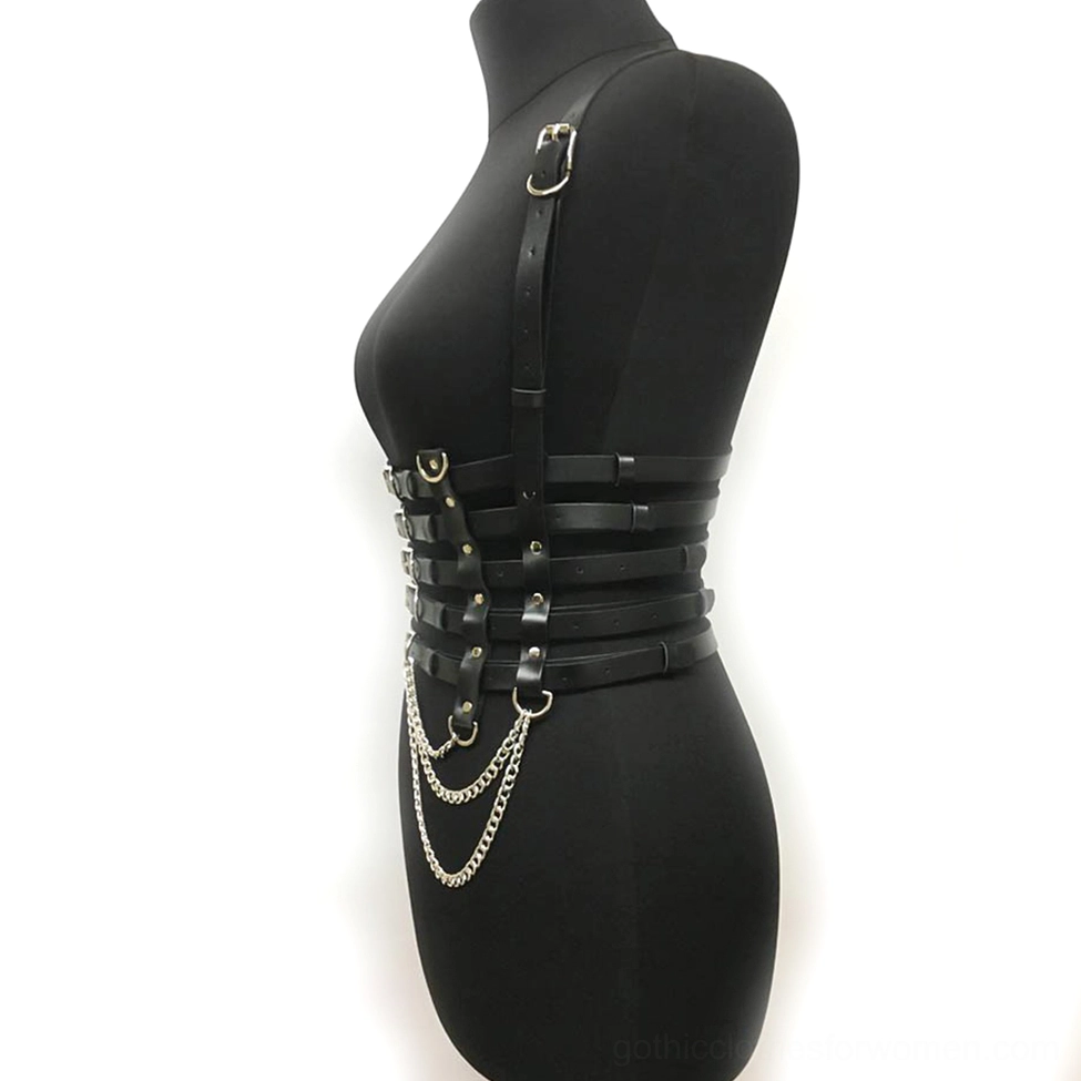 Black PU leather harness side profile showing D-ring attachment points and riveted strap construction on mannequin