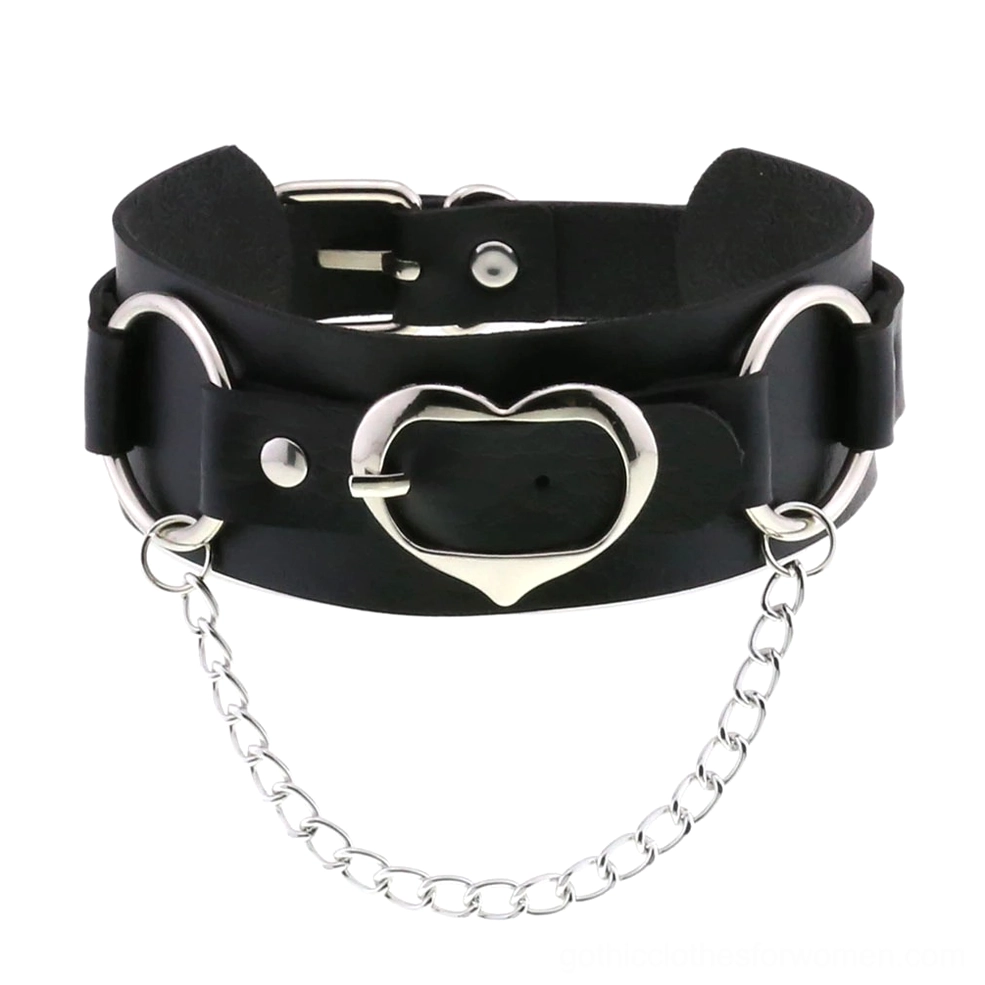 Black faux leather heart choker with silver buckle and metal chain, flat lay front view detail shot