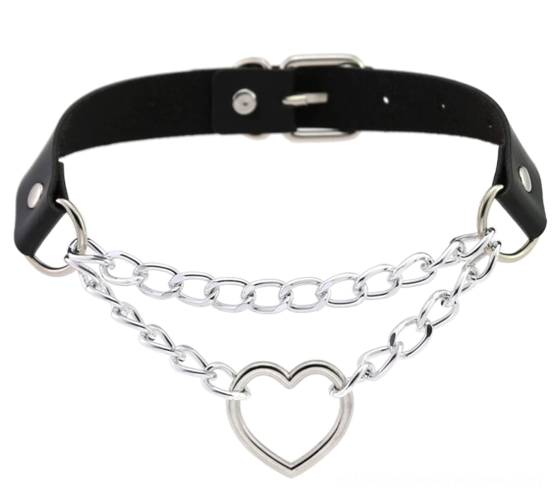 Black leather heart choker with dual silver chains and hollow heart pendant on white background - gothic punk necklace