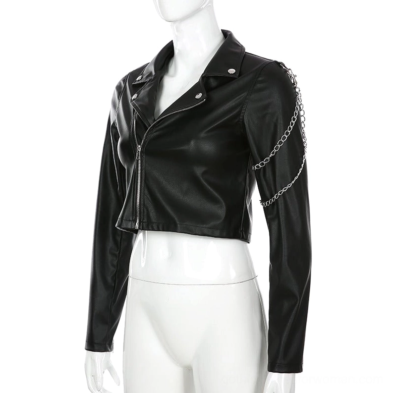 Gothic-inspired black motorcycle jacket left front angle showing asymmetrical zipper and chain embellishments
