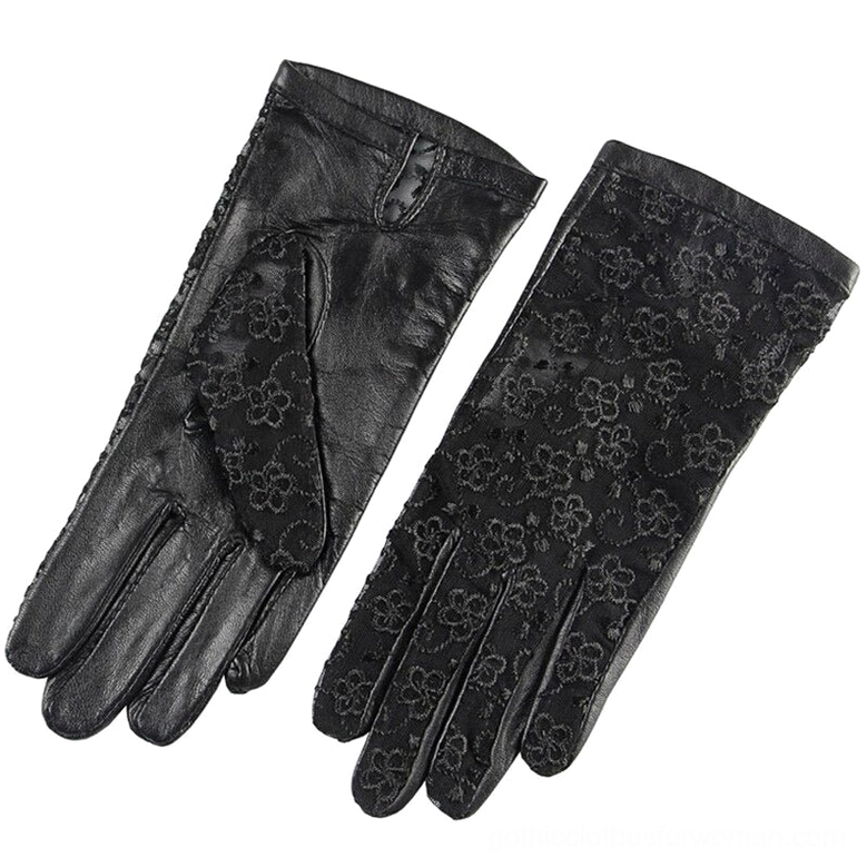 Black leather lace hybrid gloves flat lay, floral lace back with genuine leather palm, product showcase on white background