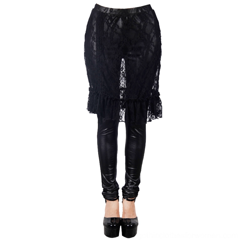 Black faux leather leggings with sheer lace skirt front panel, detailed front lower body view