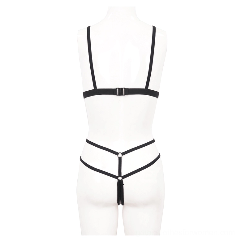 Black faux leather gothic lingerie set back view on mannequin displaying open back strap design and rear panel construction