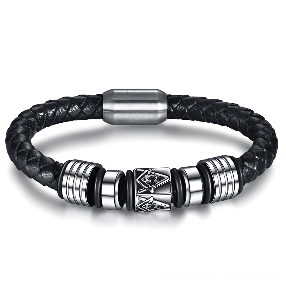 Black leather Masonic gothic bracelet top front view with embossed Masonic emblem and magnetic stainless steel clasp