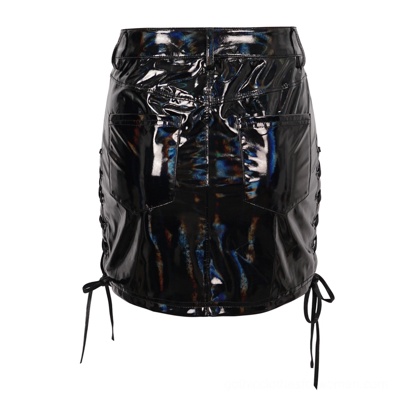 Black faux leather mini skirt back flat lay showing dual lace-up sides and back pocket detail