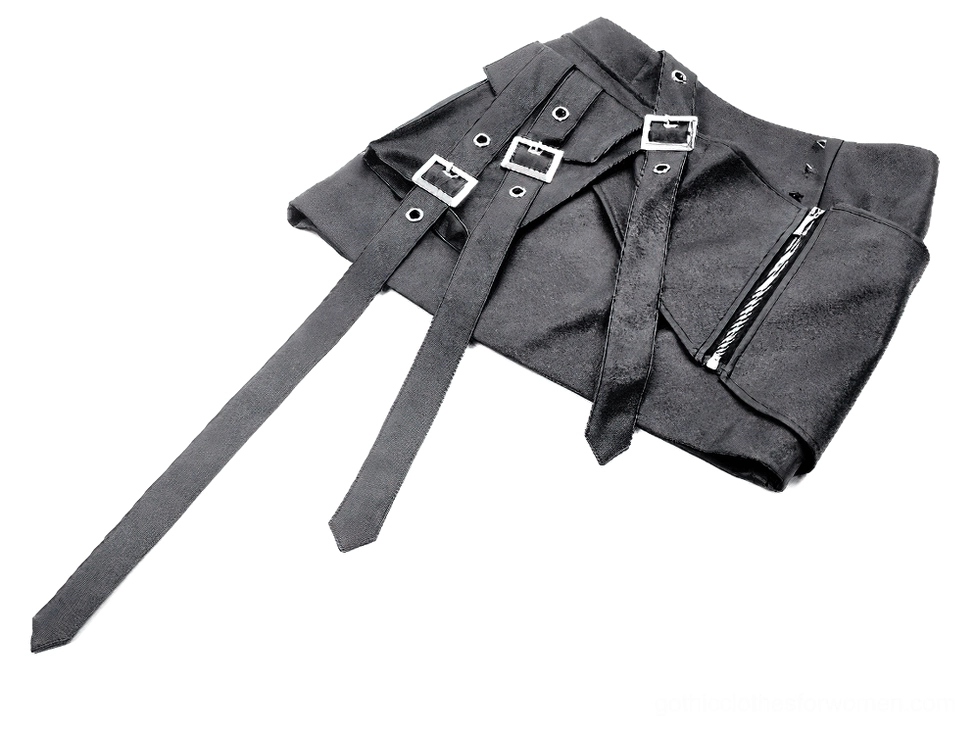 Top-down flat lay of black faux leather skirt showing multiple belt straps side zipper and overall construction