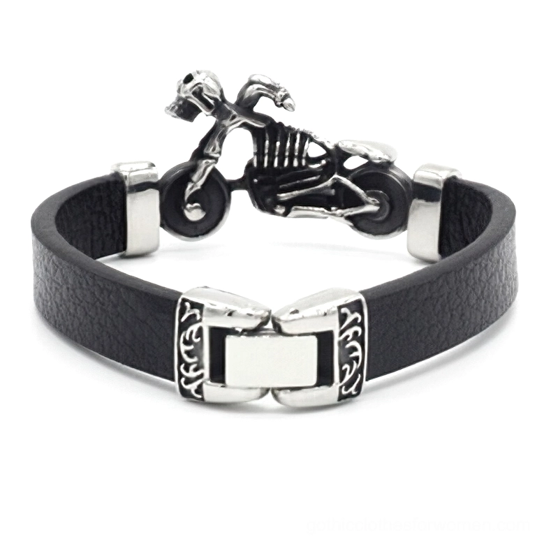 Motor skull leather biker bracelet showing flat push clasp closure and detailed metal fastening mechanism, top-front angle view