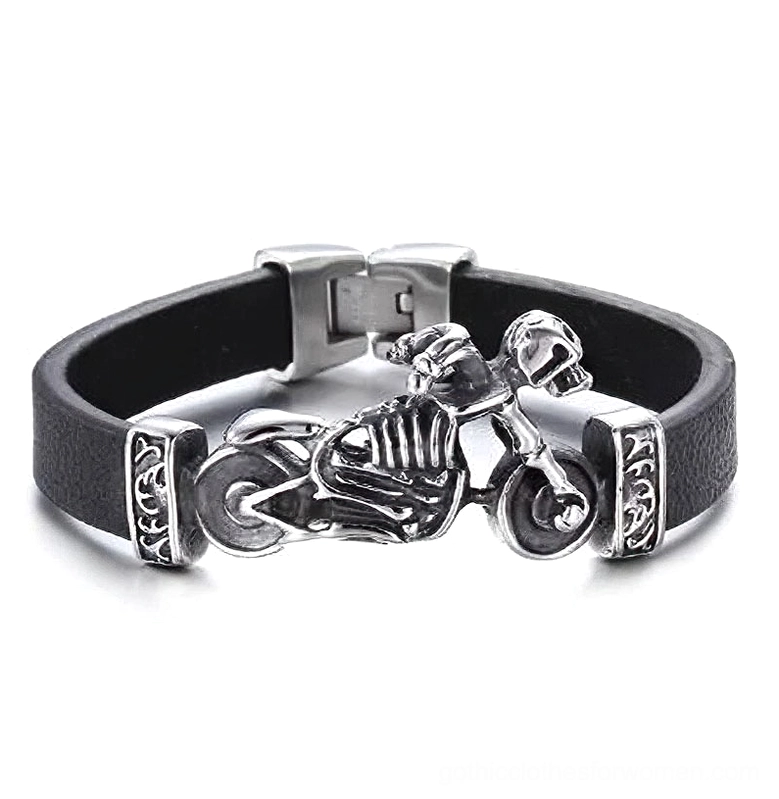 Black leather motor skull biker bracelet with stainless steel skeleton motorcycle charm and Celtic clasp detail, front view on white background