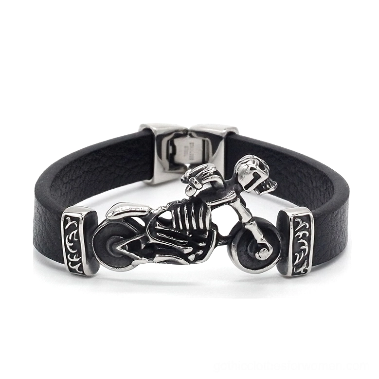 Full display of black leather motor skull biker bracelet with skeleton motorcycle charm and Celtic pattern details, top-down view