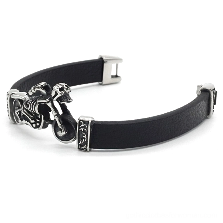 Motor skull leather biker bracelet with unfastened clasp exposed, side overhead angle highlighting metal hardware and craftsmanship