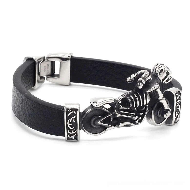 Skeleton rider on motorcycle charm detail of gothic leather biker bracelet, right side view showing vintage stainless steel design