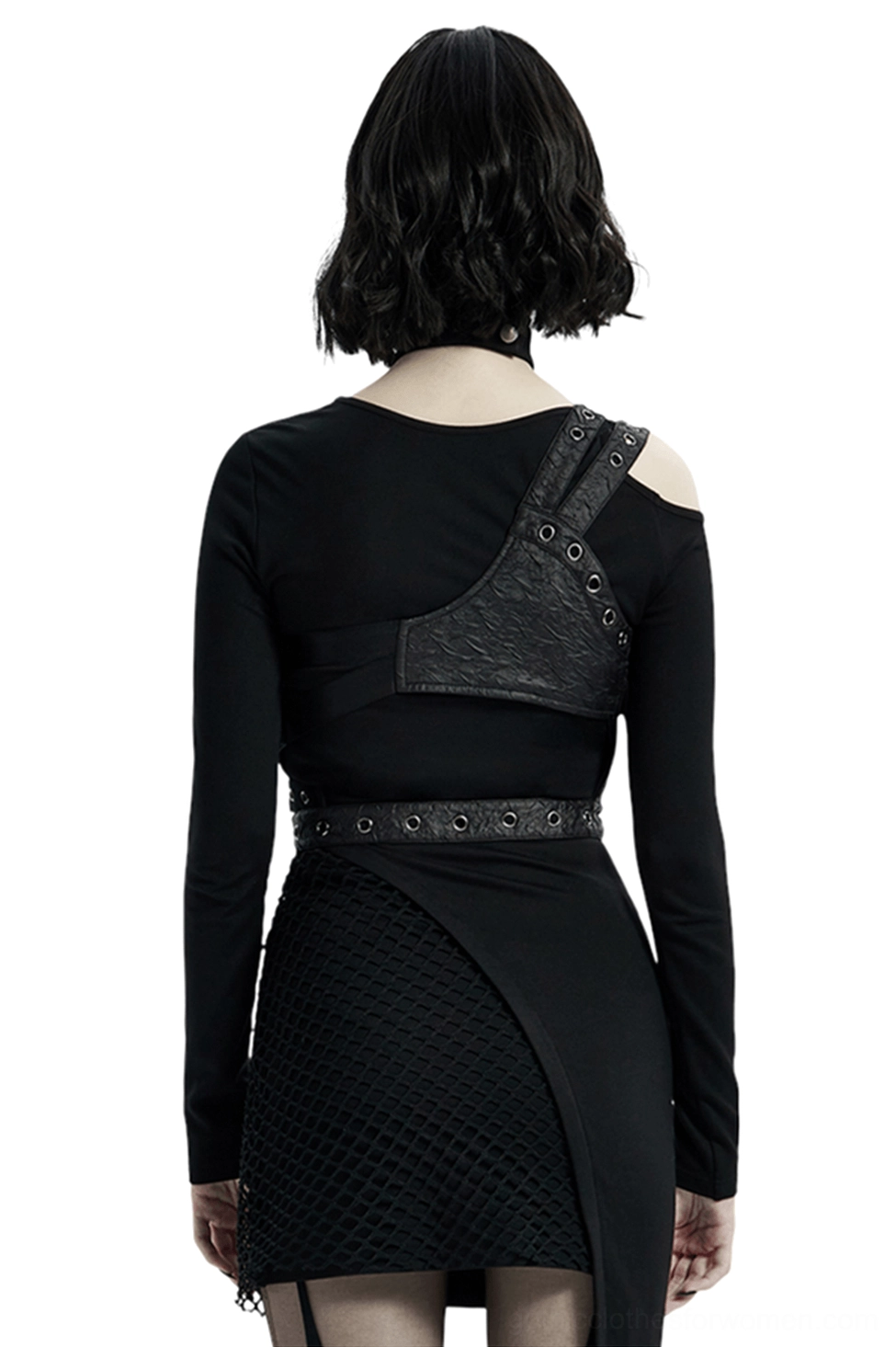Backless gothic leather body harness rear view showing adjustable elastic back panel and metal hardware details